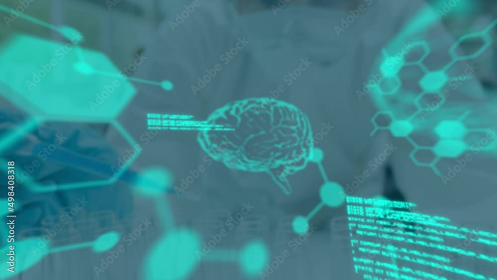 Animation of data processing and digital brain over caucasian female scientist