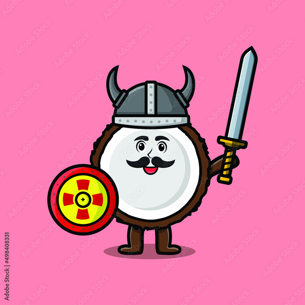 Cute cartoon character Coconut viking pirate with hat and holding sword and shield in cute modern style design Cute cartoon character Coconut viking pirate with hat and holding sword and shield in cute modern style design