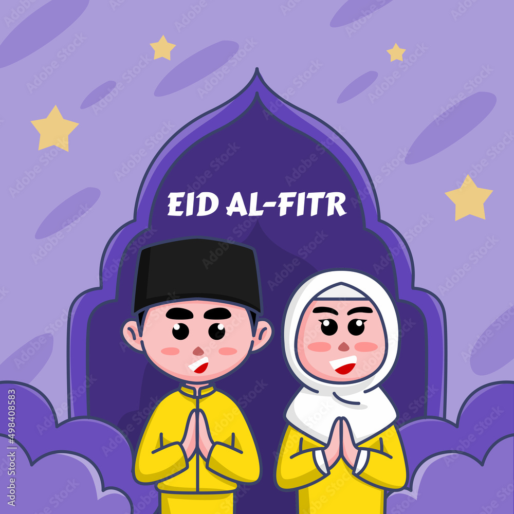 Cute cartoon illustration of Muslim boys and girls, happy to welcome Eid al-Fitr Ramadan for banners, pamphlets, stickers