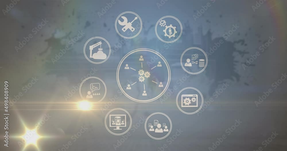 Animation of light spots and business icons on white background Animation of light spots and business icons on white background
