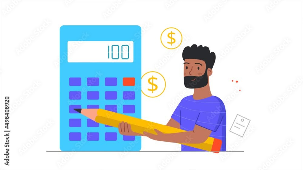 Global economy video concept. Moving male accountant with pencil in his hands stands next to calculator and counts money. Financial analysis of business. Graphic animated cartoon in doodle style Global economy video concept. Moving male accountant with pencil in his hands stands next to calculator and counts money. Financial analysis of business. Graphic animated cartoon in doodle style