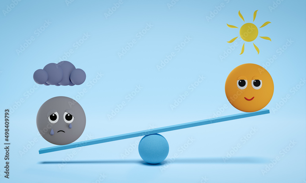Happy and sad life balance, sunny happy emoticon and sad emoji on under ...