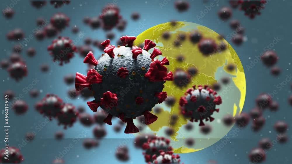 Animation of falling covid-19 cells over globe Animation of falling covid-19 cells over globe