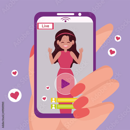 Streaming service concept Hand holding a cellphone while doing a live Vector