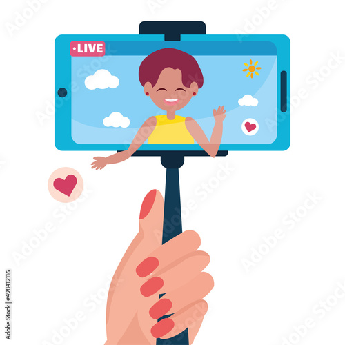 Streaming service concept Hand holding a cellphone on a live Vector