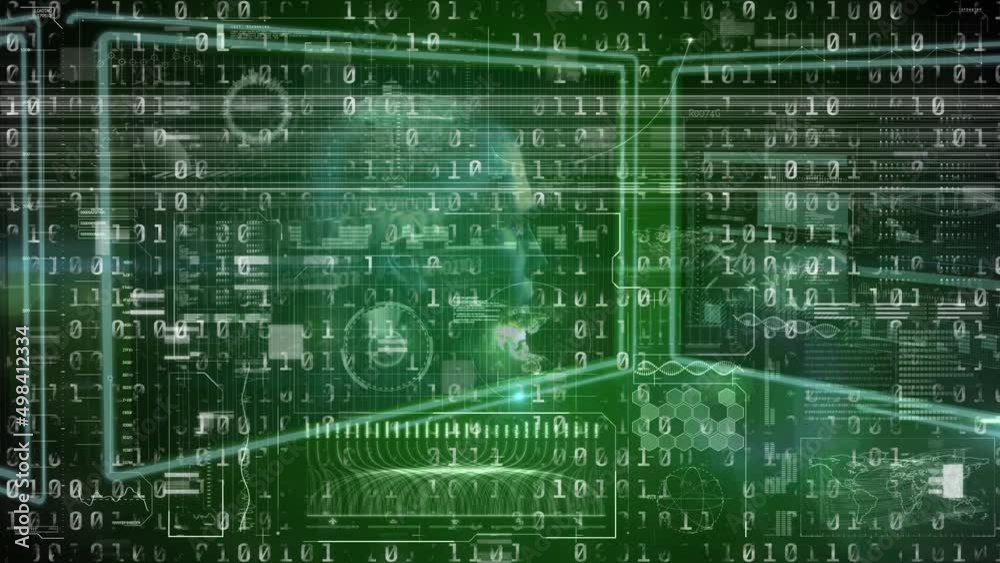 Animation of data processing over screens on dark background Animation of data processing over screens on dark background