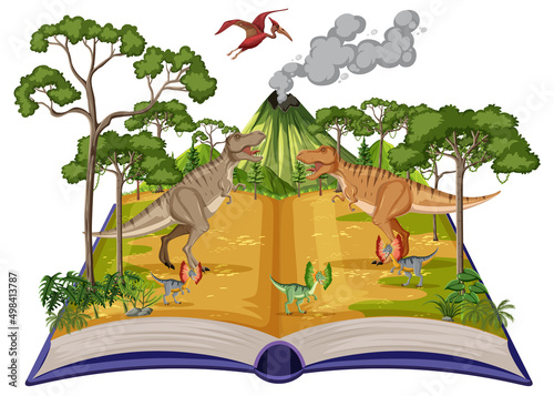 Book with scene of dinosaurs in forest
