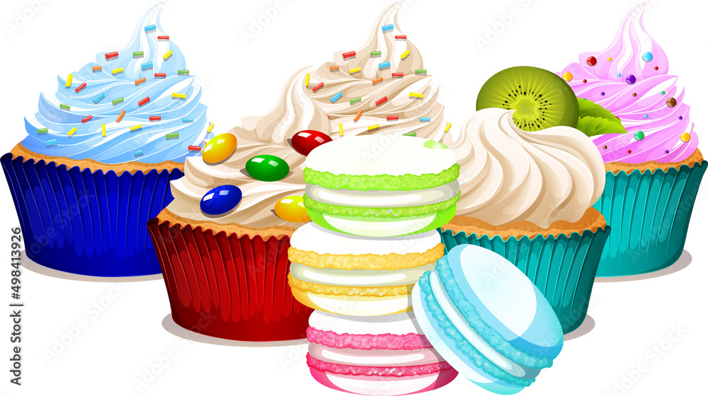 Delicious cupcakes and macaroon cartoon set