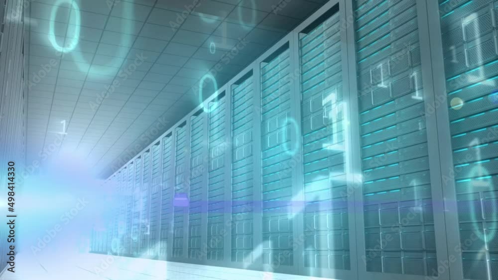 Animation of binary coding over server room Animation of binary coding over server room
