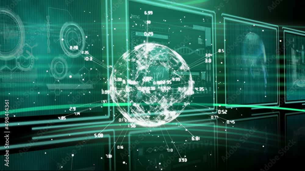 Animation of globe with numbers over data processing Animation of globe with numbers over data processing