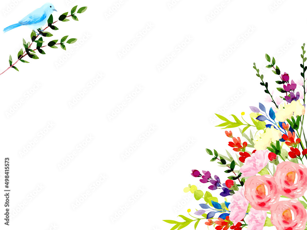 透明水彩で描いた鳥と花のコーナーフレーム背景 Stock Vector Adobe Stock