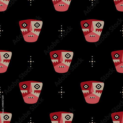 Seamless ethnic pattern with ancient Peruvian masks. Chancay culture. Face of a textile doll. Native American art. On black background.
