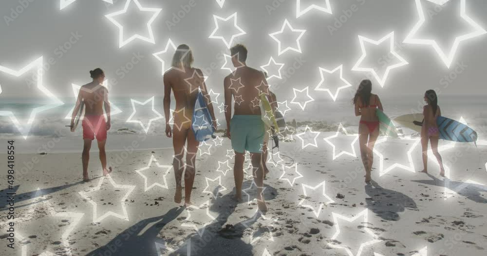 Animation of neon stars over back of diverse friends walking on beach with surfingboards Animation of neon stars over back of diverse friends walking on beach with surfingboards