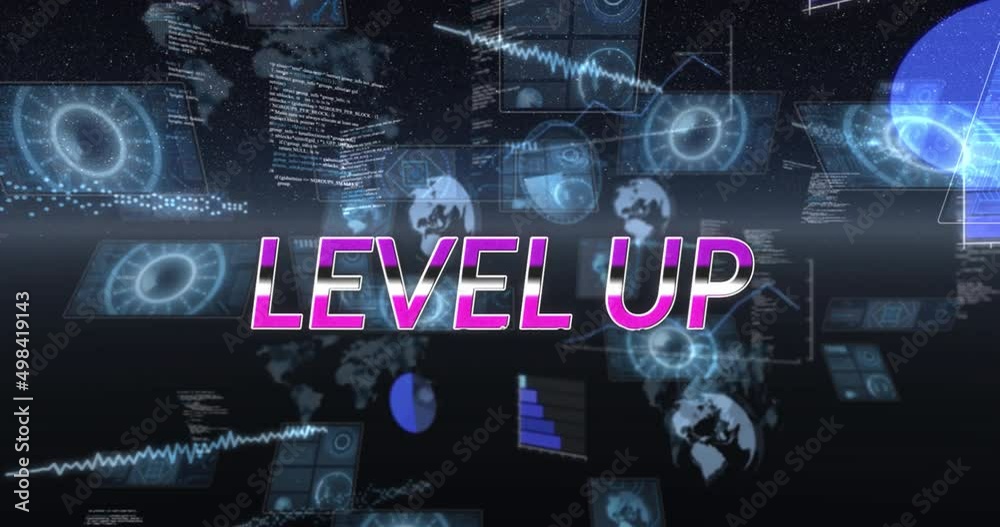 Animation of level up text and data processing on black background Animation of level up text and data processing on black background