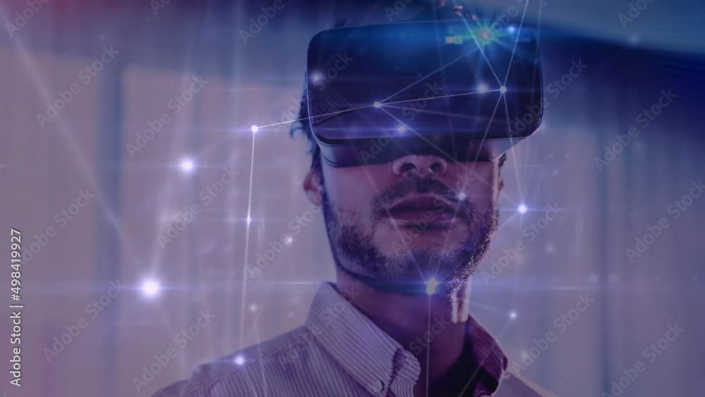 Animation of network of connections over man wearing vr headset