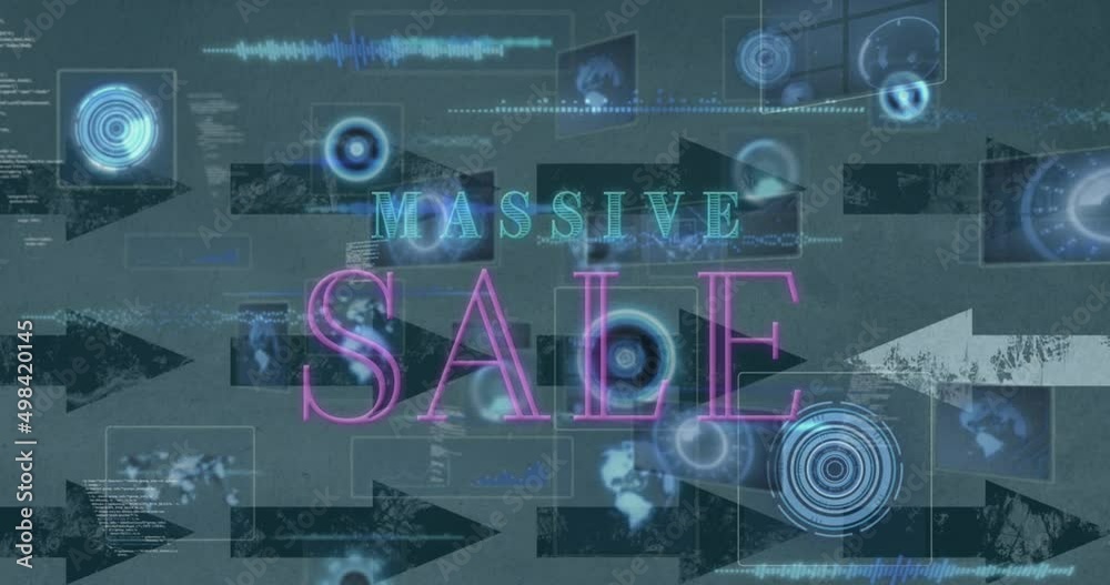 Animation of massive sale text and data processing with arrows on white background Animation of massive sale text and data processing with arrows on white background