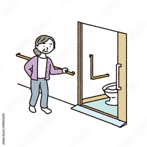 手すりを持ちながらトイレに行く高齢者のイラスト
