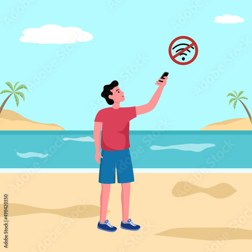 No internet connection at the beach in flat design.