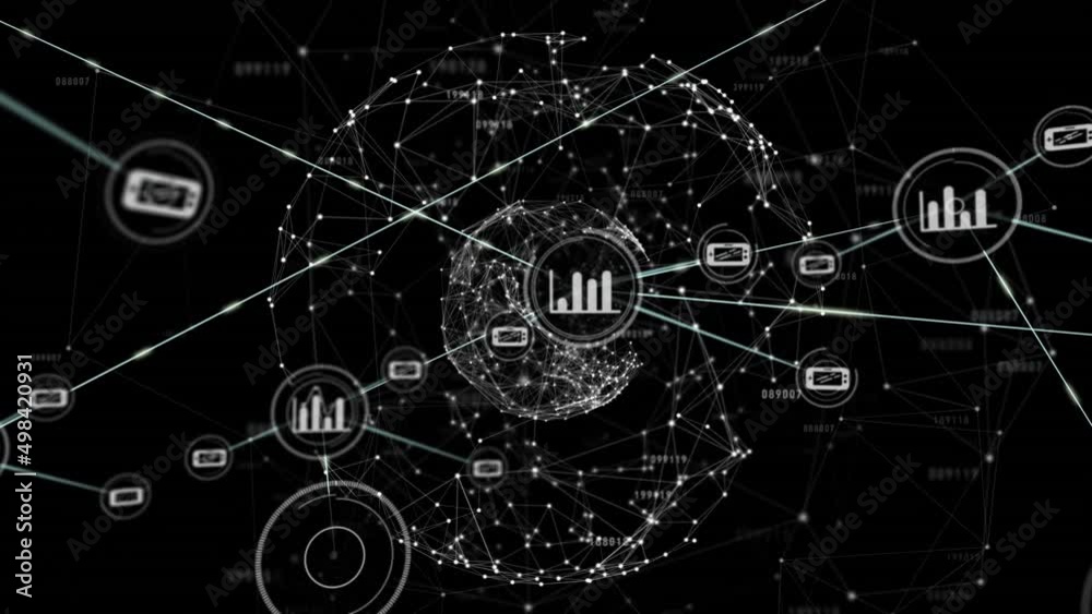 Animation of network of connections with icons over globe with glowing spots Animation of network of connections with icons over globe with glowing spots