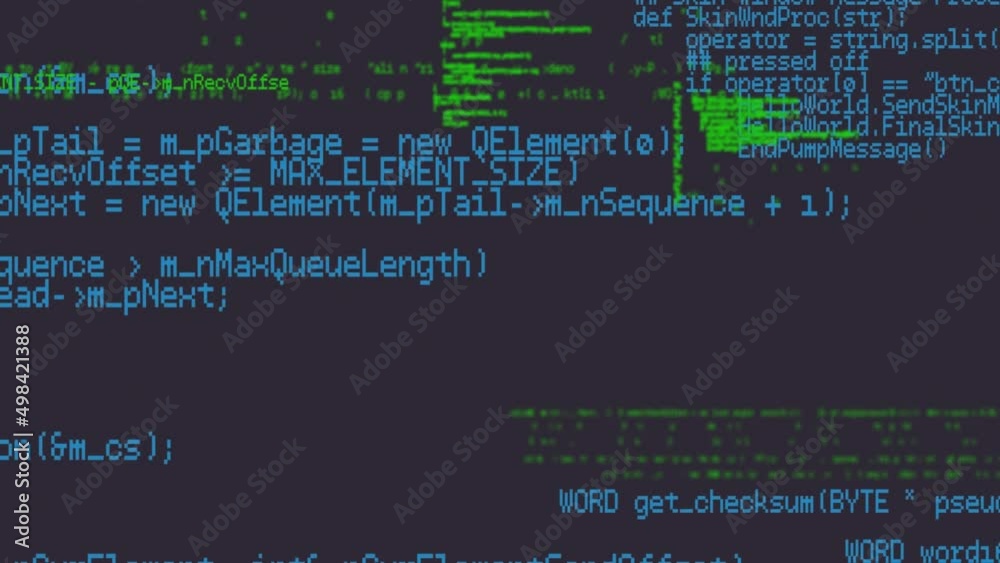 Animation of computer code processing on navy background