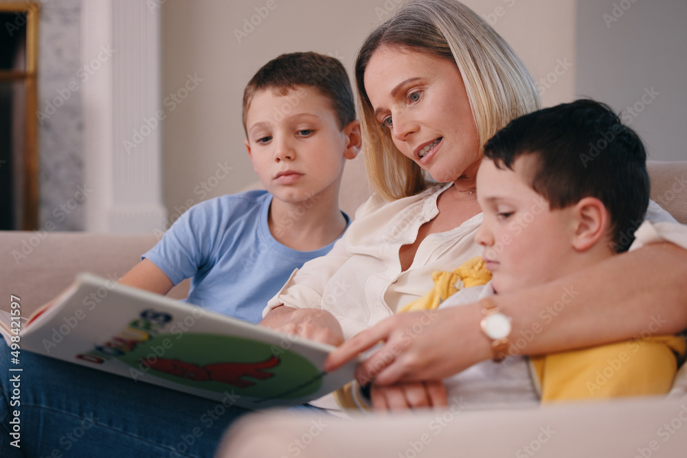 And then he ate the kids because they wouldnt sleep. Shot of a mother reading a book to her sons at home on the couch. And then he ate the kids because they wouldnt sleep. Shot of a mother reading a book to her sons at home on the couch.