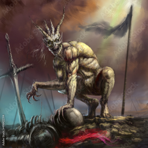 A horned scavenger ghoul, standing over a fallen warrior, has long fangs, claws, and yellow skin. Digital drawing style, 2D illustration photo