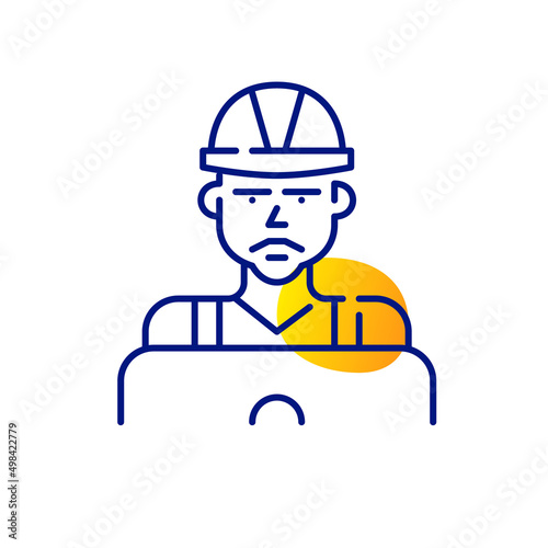 Construction worker using laptop. Pixel perfect, editable stroke fun line art icon