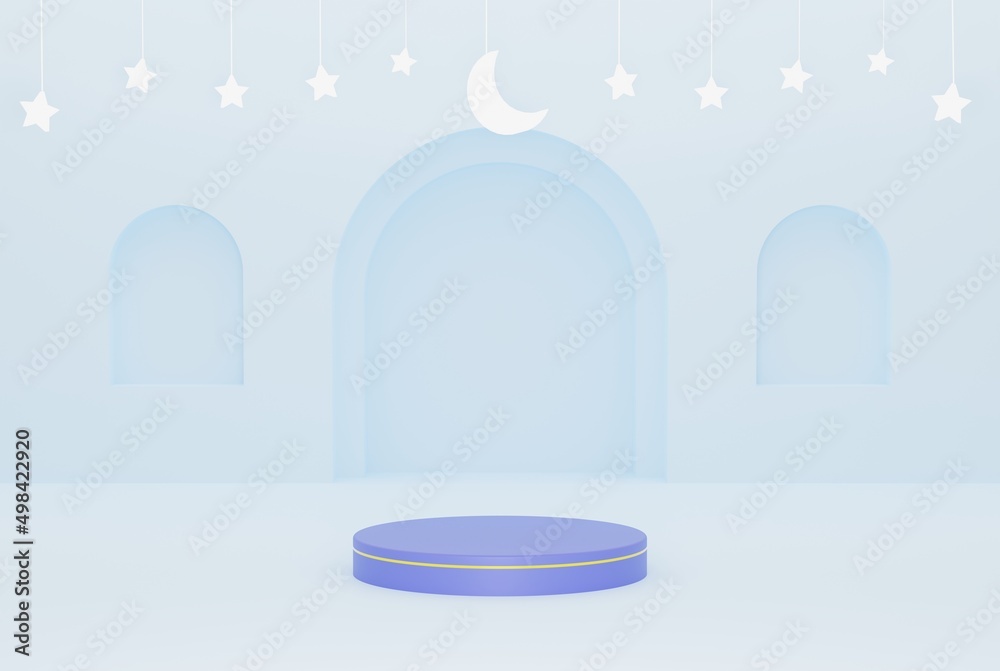 3d podium in ramadan blue ornament islamic background with stars and crescent white color 3d illustration rendering for flyer design, banner, poster and etc 3d podium in ramadan blue ornament islamic background with stars and crescent white color 3d illustration rendering for flyer design, banner, poster and etc