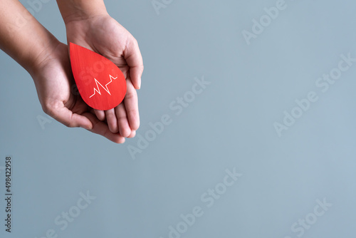 Blood donation concept. Human holding blood sign with heart rate.