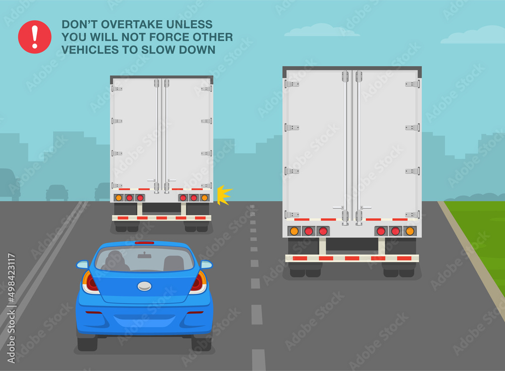 Safe heavy vehicle driving rules and tips. Do not overtake unless you will not force other vehicles to slow down. Truck passing another truck. Flat vector illustration template. Safe heavy vehicle driving rules and tips. Do not overtake unless you will not force other vehicles to slow down. Truck passing another truck. Flat vector illustration template.