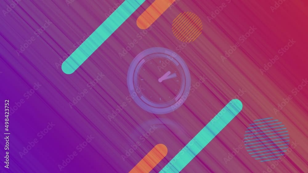 Neon digital clock and abstract shapes moving against purple gradient background
