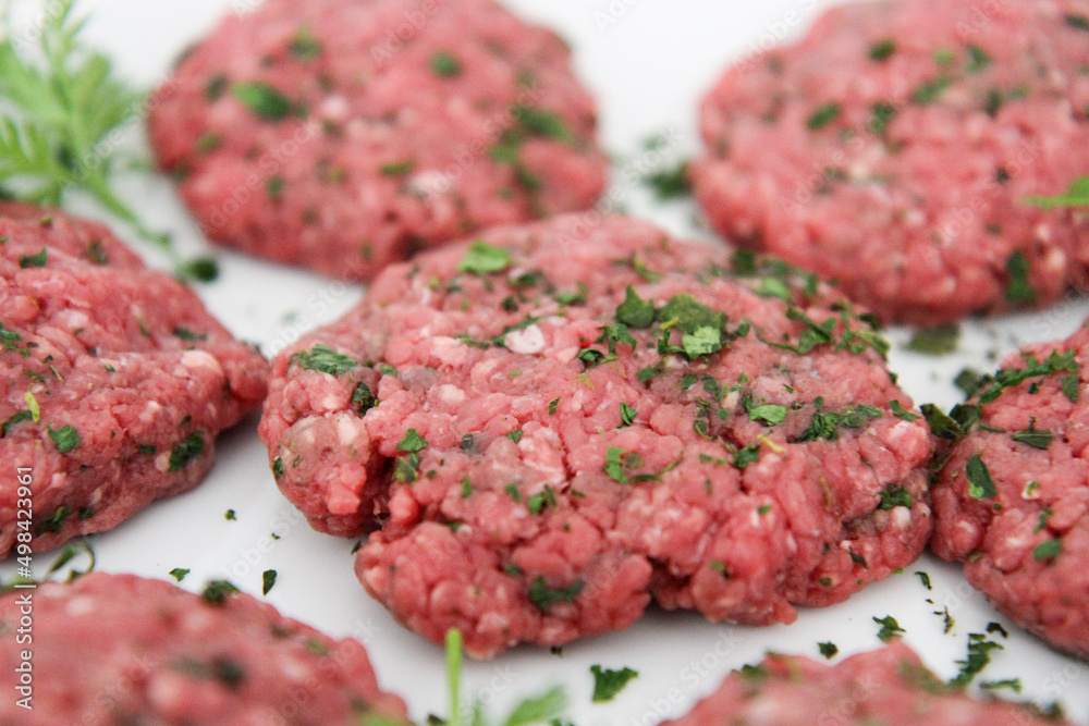 Raw Herbed Meat Patties Close Up Top View Against White Background