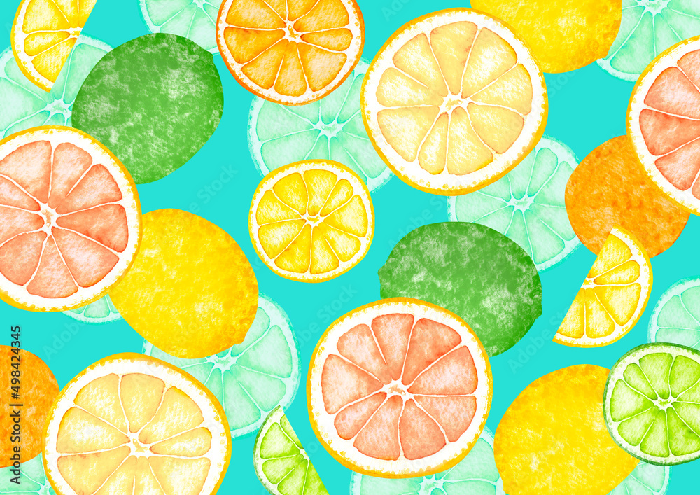 柑橘 果物 背景 模様 テキスタイル 水彩 イラスト Illustration Stock Adobe Stock