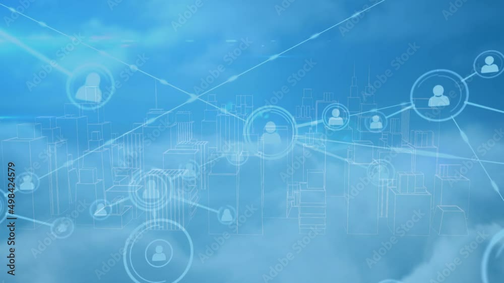 Animation of network of connections over digital city on blue background Animation of network of connections over digital city on blue background