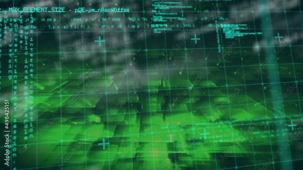 Digital animation of data processing over grid network against green background Digital animation of data processing over grid network against green background