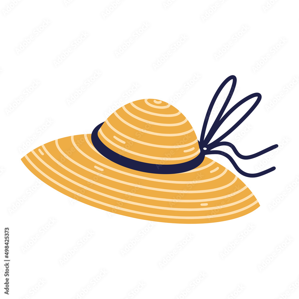 Straw hat vector icon. Beach accessory decorated with ribbon, bow