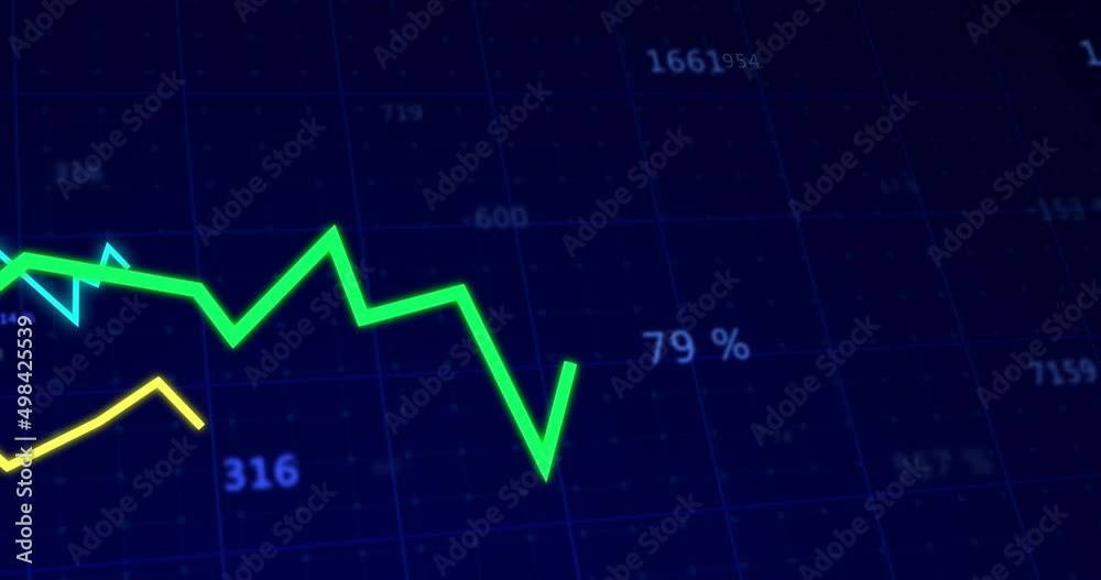Animation of lines tracking and financial data processing with numbers changing on blue background Animation of lines tracking and financial data processing with numbers changing on blue background
