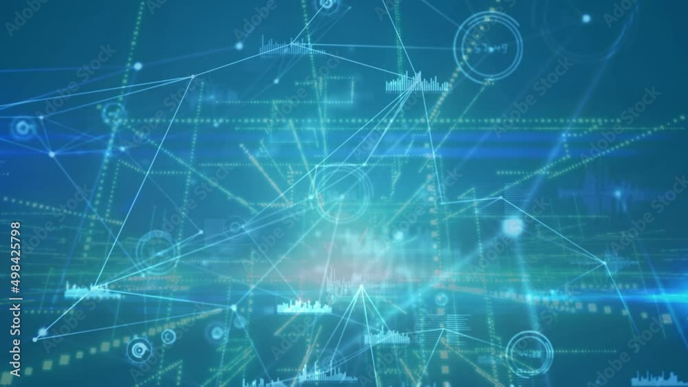 Animation of network of connections with icons and data processing over blue background Animation of network of connections with icons and data processing over blue background