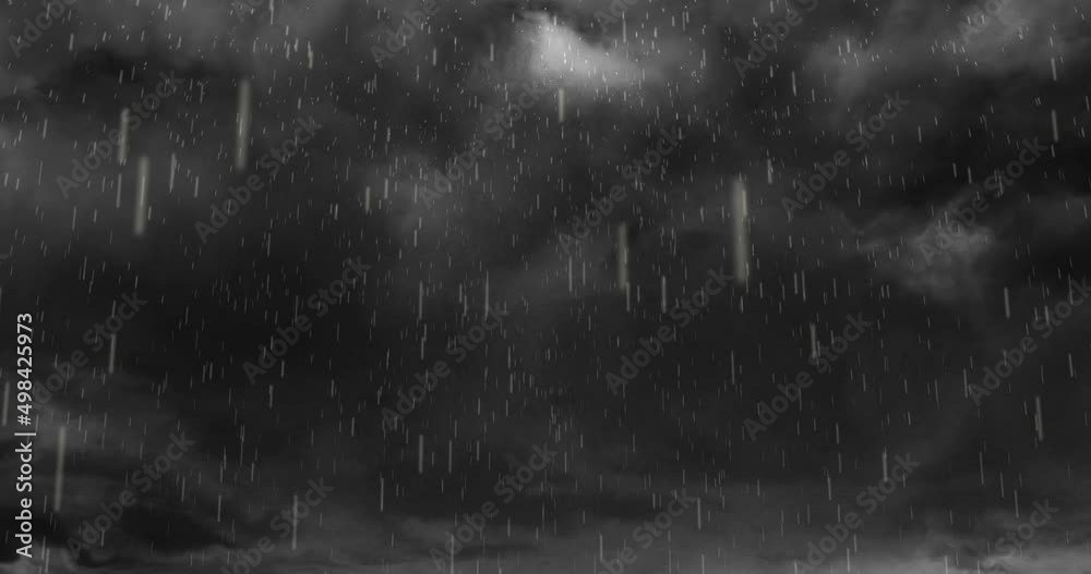 Animation of heavy rain falling over lightning and stormy grey clouds background