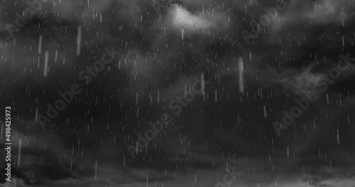 Animation of heavy rain falling over lightning and stormy grey clouds background