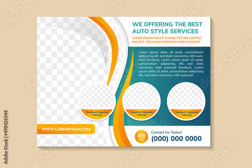 the best auto style services presentation template on blue white background. horizontal layout with orange gradient element. editable design with space for photo collage and text.