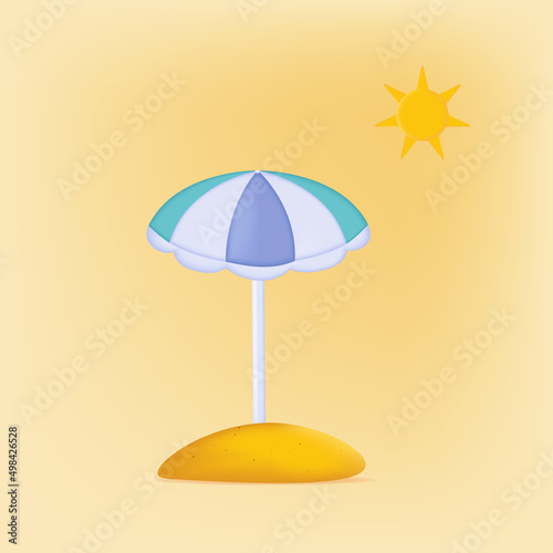 3d beach umbrella icon. Summer banner, yellow hot sand on island, coast, tropical climate, vacation season. Beach element for protection from the sun. Shore, trendy, cool umbrella, vector illustration