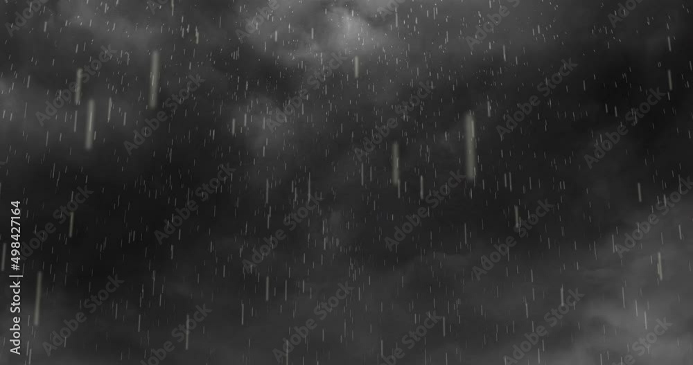 Animation of heavy rain falling over lightning and stormy grey clouds background