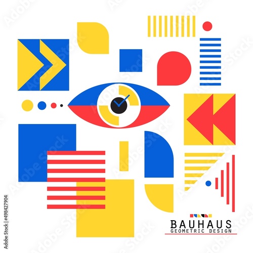 Bauhaus style flye. Journal magazine album cover with abstract geometric 2d shapes and eye. Banner template with set of simple colorful forms. Vector card illustration on white background.
