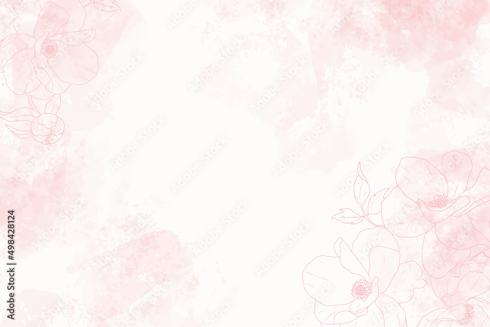 pink watercolor splash background with line art poeny