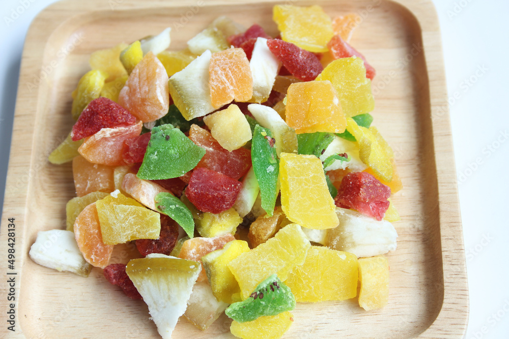 Dried mixed fruits, apple, kiwi, mango, papaya, orange peel, strawberry, guava Dried mixed fruits, apple, kiwi, mango, papaya, orange peel, strawberry, guava