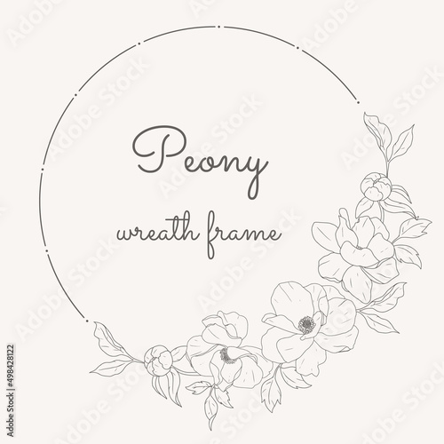 doodle line art peony flower circle wreath frame