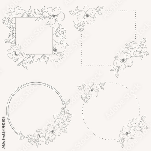 doodle line art peony flower bouquet wreath frame elements collection