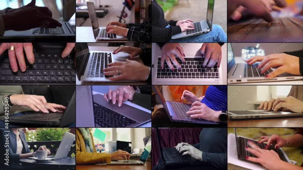 Multiscreen on unrecognizable men and women surfing internet on laptop Multiscreen on unrecognizable men and women surfing internet on laptop