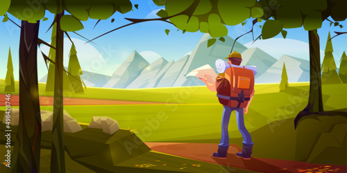 Traveler man with map stand at beautiful landscape with forest and mountain peaks. Travel journey, hiking adventure. Tourist with backpack searching way or orienteering, Cartoon vector illustration